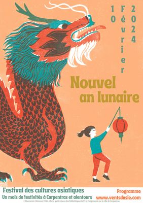 Affiche et lien vers le site du Nouvel An lunaire avec en illustration un dragon suivant une petite fille portant un lampion